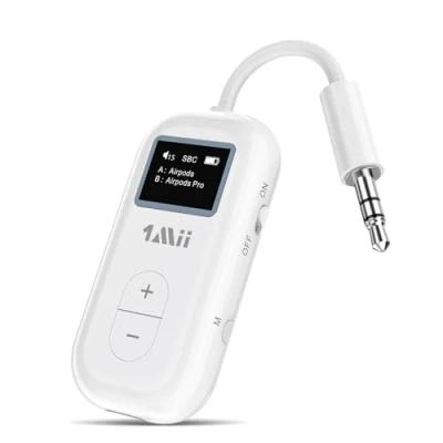 Imagen de 1Mii SafeFly Transmisor Bluetooth 5.3 Dual con Pantalla OLED para hasta 2 Auriculares inalámbricos AirPods, aptX HD/AD/LL, Uso Conector de Audio 3,5 mm en Aviones/Gimnasio/TV/iPad/tabletas