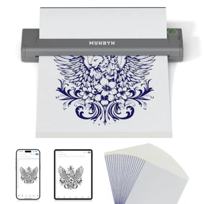 Imagen de MUNBYN Impresora Tatuajes, Termocopiadora Tattoo, Termica Tattoo para Tatuajes DIY, con 20pcs Papel, Compatible Smartphone y PC, Gris
