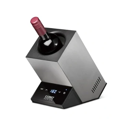 Imagen de CASO WineCase One Inox Enfriador de vino para una botella, rango temperatura 5 18 C, botellas hasta 9 cm diámetro, control táctil, carcasa acero inoxidable, tamaño pequeño