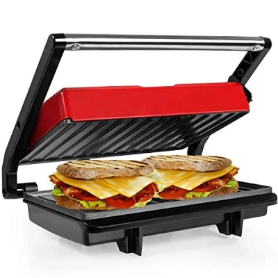Imagen de Gotoll Parrilla Eléctrica Sandwichera Panini Grill &amp; Toast con Revestimiento Antiadherente, Superficie 23 x 14,5cm, Libre de BPA, Asa Tacto Frío, 750W, Color Rojo