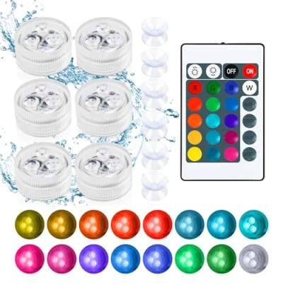 Imagen de Multicolor LED Iluminación Estanque, 4 Modos 16 Colores, 6pcs Mini Luces de Té Sumergibles, Sumergible Luz, Impermeable IP68, con Mando a Distancia y 6 Ventosas, para Acuario Piscina Jardín