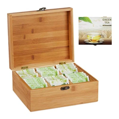 Imagen de Relaxdays Caja para té e infusiones, Seis Compartimentos, 72 Bolsas, con Tapa, 9,5 x 22 18,5 cm, Marrón, Bambú, 9.5 18.5 cm