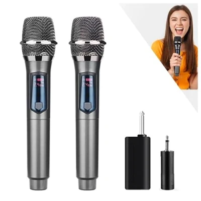 Imagen de HUACAM micrófono inalámbrico 2.4G, dinámico inalámbrico, con Receptor de Carga, Plug and Play, Apto para Cantar y Bailar, Bodas, Iglesias Sistemas Refuerzo Sonido