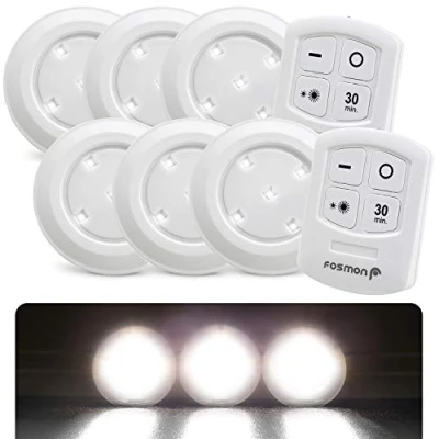 Imagen de Fosmon Lámparas LED Inalámbricas con Mando a Distancia Iluminación Bajo Estante, Luz de Techo, Gabinete, Ático, Sótano 5 por Lámpara, Gran Ángulo, Temporizador, Pilas Juego 6