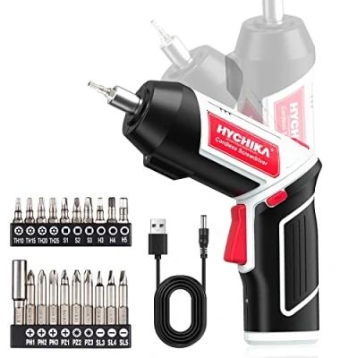 Imagen de HYCHIKA Destornillador Eléctrico, Atornillador Eléctrico 6Nm Bateria 3.6V 2,0 Ah, LED Luz, Carga Cable USB, 20 Accesorios, Taladro Batería Para Reparaciones en El Hogar