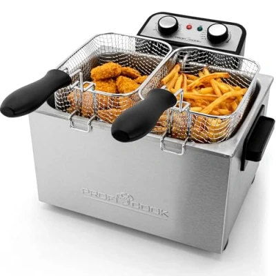 Imagen de ProfiCook PC FR 1038 freidora doble, 2 cestas pequeñas y 1 grande, 5 litros de capacidad, filtro permanente olores vapores grasa, 3000 vatios, carcasa acero inoxidable