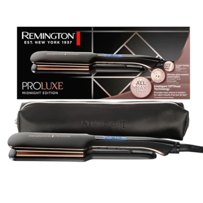 Imagen de Remington Plancha de Pelo ProLuxe Midnight Placas anchas Tecnología OPTIHeat, Flotantes Extralargas, Resultados Profesionales, Cerámica, Ajuste Pro+, Digital S9150B