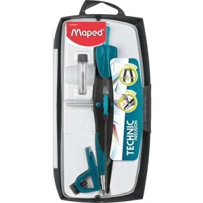 Imagen de Maped Compás Dibujo Técnico Precision System Caja con 3 Piezas Bigotera Grande Incluye 1 Abrazadera Universal y Estuche de Minas Fabricado en Metal, Modelo surtido