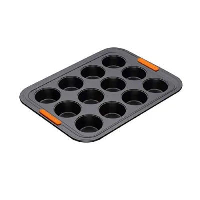 Imagen de Le Creuset molde antiadherente para 12 mini cupcakes, diámetro 4.5 cm, resistente a ácidos, revestimiento de acero al carbono, muffins, Gris/Naranja, 94101300000000