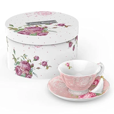 Imagen de London Boutique Juego de Taza té y platillo, 1 la Tarde New Bone China Vintage Flora Caja Regalo 200 m (Rosa)
