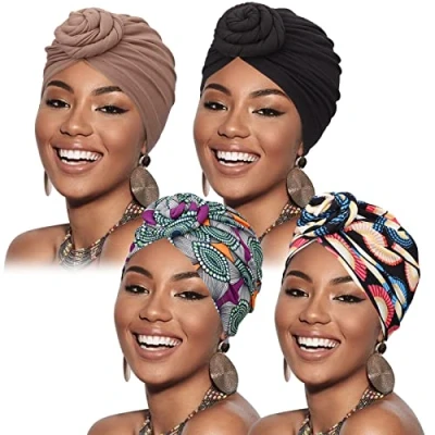 Imagen de DRESHOW 4 Piezas Africano Turbante para Mujer Gorro de Nudo Pre Atado Suave Pañuelo Cabeza Plisada Moda Gorra Dormi