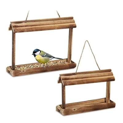 Imagen de Relaxdays Set de 2 Comederos Pájaros, Madera Tostada, Colgantes, 23,5 x 31,5 8 cm, Columpios Alimento Aves, Natural