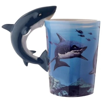 Imagen de Taza con mango de tiburón, diseño acuático mar, para bebidas calientes, café, té, chocolate caliente