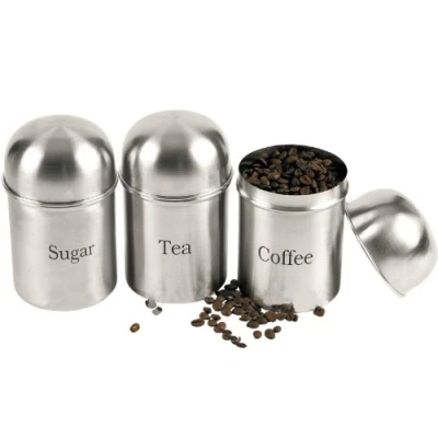 Imagen de 3PC CANISTERS COFFEE SUGAR TEA STAINLESS STEEL STORAGE JARS POT KITCHEN SET NEW by Prima