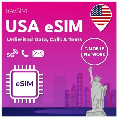 Imagen de travSIM USA eSIM Red T Mobile Datos, Llamadas y SMS ilimitados en para Funciona Dispositivos iOS Android compatibles con 14 Días