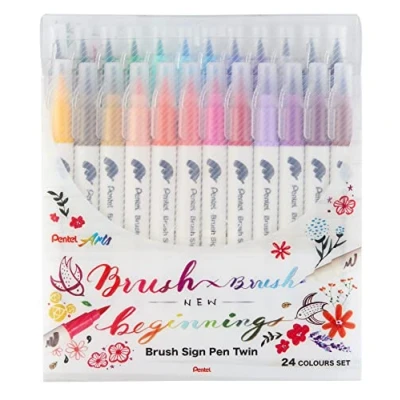 Imagen de Pentel SESW30C 24 Brush Sign Pen Twin, colores, rotuladores con dos puntas flexibles, tinta a base de agua, 1 unidad (24 unidades)