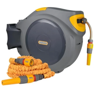Imagen de HOZELOCK Exclusivo de Amazon: carrete automático 40 m con superhoze 7,5 m: fácil instalar, bloqueo infantil, rebobinado automático, listo para usar, manguera expandible incluida hasta