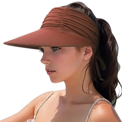 Imagen de DRESHOW Mujer Sol Sombrero Al aire Libre UV Protección Plegable Ala Ancha Pesca Ponytail Playa Bucket Sombreros