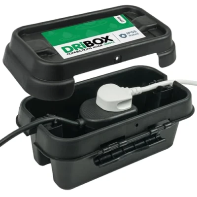 Imagen de DRiBOX IP55 Caja de Conexiones Eléctricas Exterior Resistente a la Intemperie para Luces Navidad, Temporizadores, Cables Extensión, Cables, Carretes, Transformadores (Pequeño, Negro)
