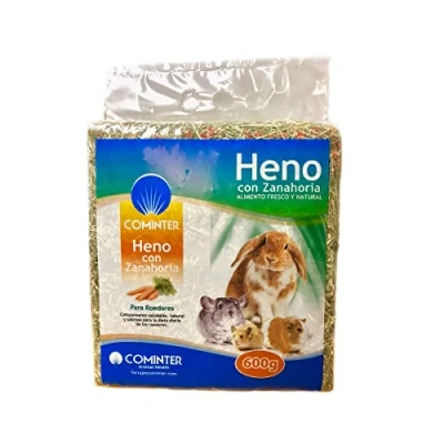 Imagen de Cominter Animal Health Heno con Zanahorias Natural Timothy para Conejos, EOS, Hamsters, Cobayas y Roedores (600g), Comida Conejos Fibra el Desgaste Dental del Roedor