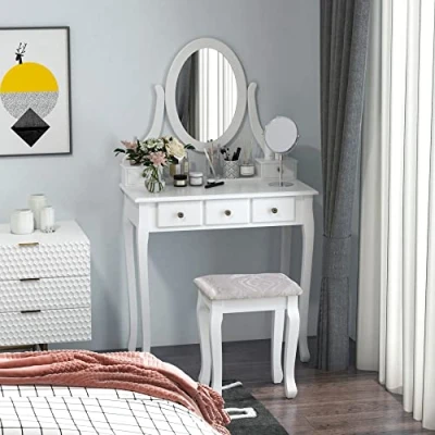 Imagen de HOMCOM Tocador + Taburete y Espejo Mesa Maquillaje 5 Cajones Blanco Negro MDF (Blanco)