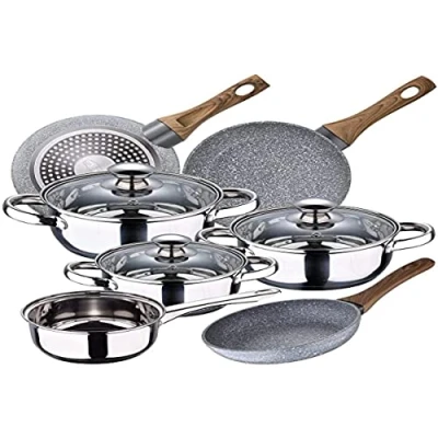 Imagen de Bateria de cocina 7 piezas SAN IGNACIO Faro, acero inoxidable, con juego sartenes (22/24/26 cm) Daimiel en aluminio forjado