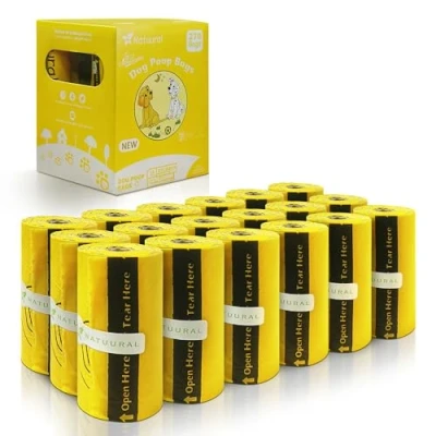 Imagen de bolsas para excrementos de perros 100% compostables, 270 bolsas, 18 rollos, biodegradables hechas almidón maíz, certificado ASTM D6400 y EN13432, sin perfume (amarillo)