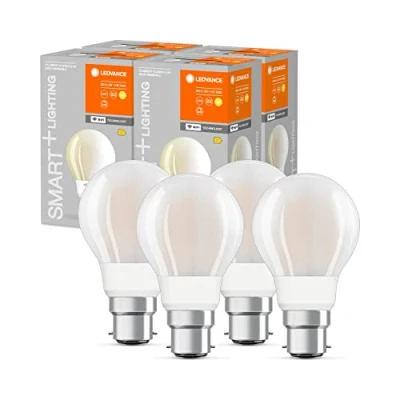 Imagen de LEDVANCE Bombilla LED inteligente con tecnología Wifi, base B22d, regulable, blanco cálido (2700K), forma de bombilla, escarchada, controlable Alexa, Google y App, paquete 4