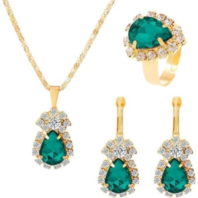 Imagen de TOEECY Cristales Conjuntos de Joyas para Mujer y Niñas Colgante Collar Pendientes Anillo Cubic Zirconia Fiesta Boda Nupcial Dama Honor (Verde)