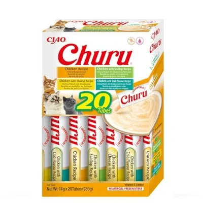 Imagen de INABA Churu Puré de Gato con 4 Sabores Pollo Deliciosos Snacks para Textura Suave y Cremosa Comida 20 Tubos x 14g