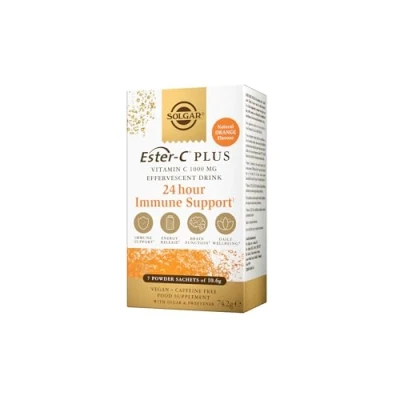 Imagen de Solgar Ester C Plus Efervescente Acción Rápida 24horas de Apoyo Inmunológico Vitamina 1000 mg Sabor a Naranja Natural Libre cafeína 7 sobres Con azúcar y edulcorante