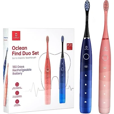 Imagen de Oclean Find Cepillo de dientes eléctrico sónico set, con 180 días duración, 76000 Movimientos por minuto, 5 Modos, IPX7 y Temporizador, Cabezal DuPont, Rojo+Azul