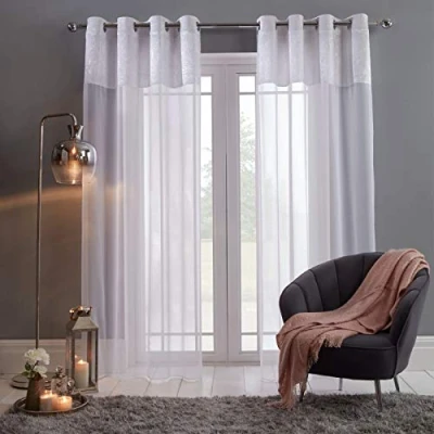 Imagen de Sienna Tratamiento de Ventana Terciopelo aplastado con Malla Encaje Ojales en la Parte Superior Gasa, curatinas Dos Paneles, Blanco Puro, 55 x 87 Pulgadas caída