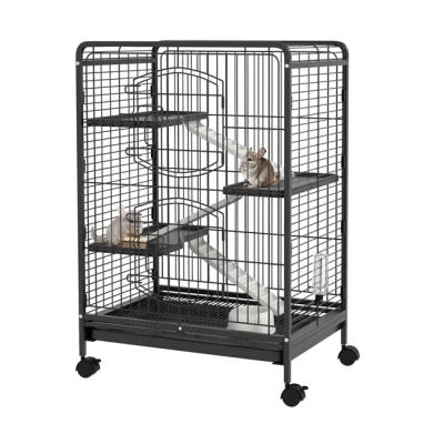Imagen de PawHut Jaula para Animales Pequeños Roedores con Ruedas Rampa Cuenco Botella de Agua y Bandeja Extraíble Recinto Conejos Chinchillas Hurones 61,5x44,5x95 cm Negro