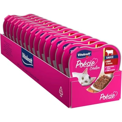 Imagen de Vitakraft Poésie Création, Comida húmeda para Gatos en Salsa, con Ternera y Zanahoria, alimento Adultos, sin azúcares añadidos ni Cereales, Formato Multipack (15x 85g)