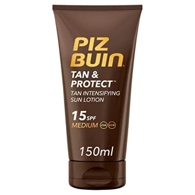 Imagen de PIZ BUIN Protector Solar en Loción SPF15, Tan &amp; Protect Intensificador de Bronceado Protección Media, con UVA/UVB, Rápida absorción, 150 ml