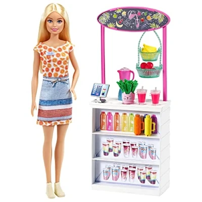 Imagen de Barbie Puesto de Smoothies Muñeca rubia con accesorios y tienda para hacer zumos batidos juguete Mattel GRN75