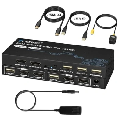 Imagen de TCNEWCL Switch KVM HDMI 2 PC Monitor, 4K 60Hz Conmutador USB Switch, Pantalla Extendida, 2.0, HDCP2.2, Dual Monitor Switcher con mandos a distancia