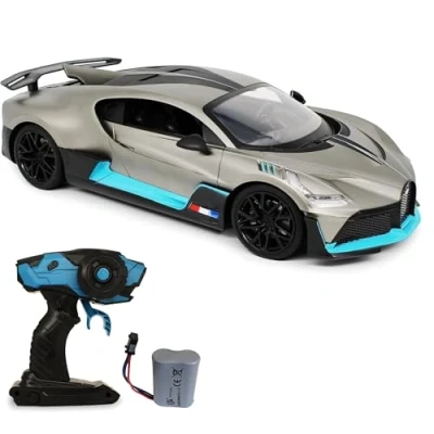 Imagen de CMJ Coches RC 1:12 Bugatti Divo Plata Titanio con Batería de 7.4V 900mAh, Velocidad 12 km/h, Luces LED y Control Remoto 2.4Ghz para Niños Niñas.