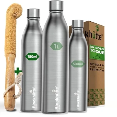 Imagen de Blockhuette Botella de agua acero inoxidable I 750ml con cepillo Para botellas, termica bebidas gas, reutilizable antiderrame, niños, Sin BPA, termo cafe