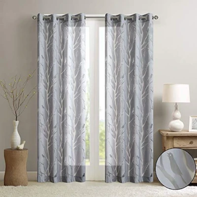Imagen de Madison Park Semitransparente, Moderna, contemporánea, con Estampado botánico Parte Superior Ojales, Cortina de Ventana para Sala Dormitorio, Rayón, Averil Bird Grey, W 50&quot; x L 63&quot; (4 Panels)