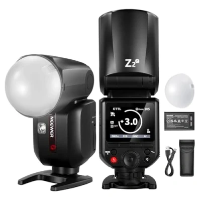 Imagen de NEEWER Z2 C 2.4G TTL Flash Speedlite Cabeza Redonda Compatible con Canon, 76Ws 1/8000s HSS Difusor, 2 Lámparas Modelar, Interfaz Mejorada, Tecla Palanca TTL/M, 3000mAh Batería, 600 Potencia