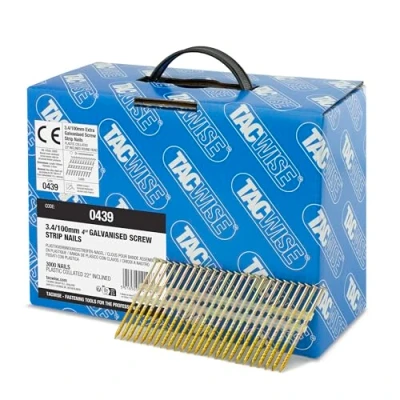 Imagen de TACWISE 0439 Clavos Extra Galvanizados para Estructuras, 3,4/100 mm, Cabeza Redonda, Vástago Roscado, Inclinados 22, en Tiras de Plástico, Paquete 3000, Metalizado, 3.4/100 mm