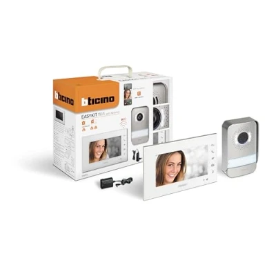 Imagen de Bticino Easykit Videoportero, monoparlante, enchufable, 2 cables con 1 botón externo, timbre, cámara, monitor interno de 7 pulgadas a color manos libres, ampliable para bifamiliar, 310913