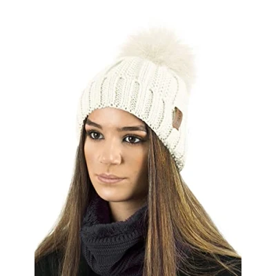 Imagen de TOSKATOK Gorro de invierno para mujer con forro polar cálido y pompón grande pelo sintético, punto acanalado arroz Sombrero ecru. Talla única