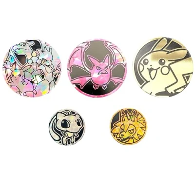 Imagen de Monedas Pokemon Aunténticas Pack de 5, Distintos tamaños Monedas, Plata, Doradas, Accesorio Cartas Oficiales para Juego