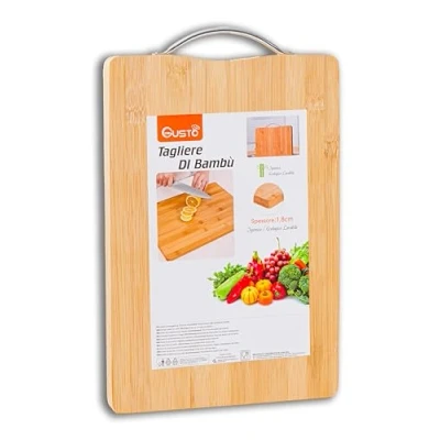 Imagen de IPEA Tabla de cortar rectangular madera con mango metal para verduras, frutas, salami 32 x 22 cm cocina multiusos y servir aperitivos, pan, queso Bandeja bambú