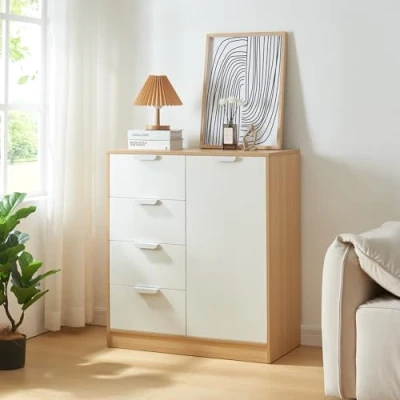 Imagen de [en.casa] Cajonera para Salón Mueble Versátil Aparador con 4 Cajones y 1 Puerta de Estilo Atemporal Dormitorio Sala Estar Recibidor MDF 90 x 80 40 cm Roble/Blanco