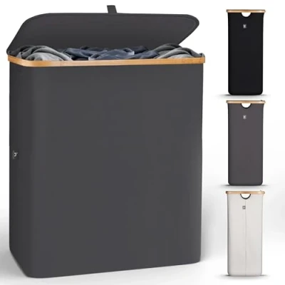 Imagen de Hennez Cesto Ropa Sucia 2 Compartimentos 140 L Cesta con Tapa, Cubo Plegable Cestos para la de Bambú Separador Grande Colada Doble