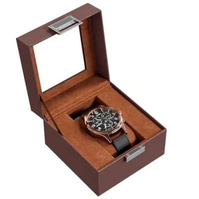 Imagen de Procase Caja de Relojes con 6 Compartimentos, Guarda Reloj Tapa Cristal y Cojín Extraíble Organizador para Hombres Mujeres (Marrón, 1 Reloj)